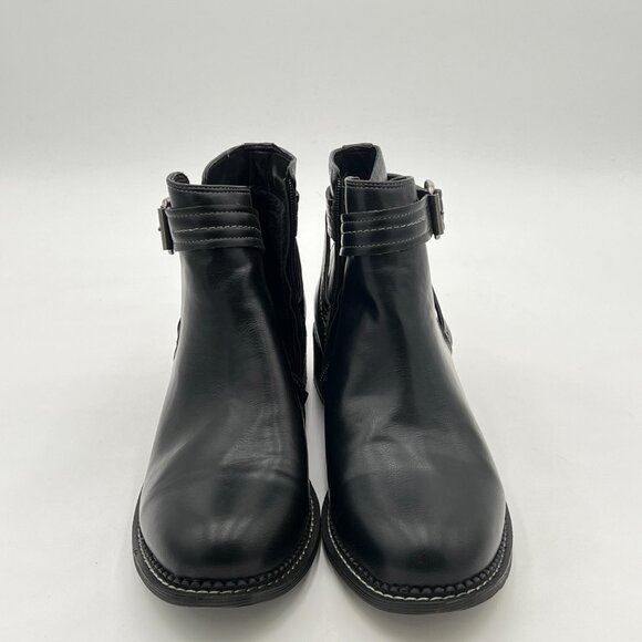 Black Women Side Zip Closed Toe Block Heel Buckle Strappy Ankle Boots Dress Shoe - Picture 2 of 6